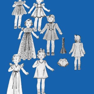 May include: Black and white illustrations of vintage children's clothing, including dresses, a coat, shorts, and a hat, on a blue background. The drawings depict various styles with details like bows, ruffles, and decorative trim, showcasing a retro fashion aesthetic.
