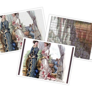 May include: Two women in long dresses stand in a garden setting. One woman wears a blue and gold striped dress with a ruffled trim. The other woman wears a white dress with pink and red floral accents. Both women have dark hair and are looking at each other.