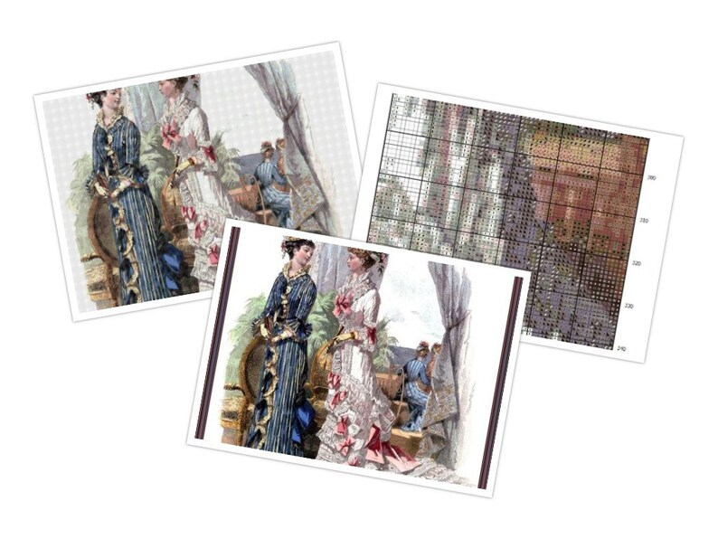 May include: Two women in long dresses stand in a garden setting. One woman wears a blue and gold striped dress with a ruffled trim. The other woman wears a white dress with pink and red floral accents. Both women have dark hair and are looking at each other.