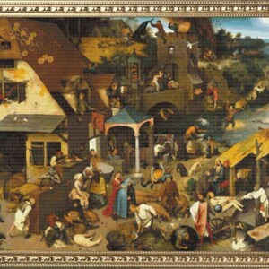 Może przedstawiać: Szczegółowy obraz olejny przedstawiający tętniącą życiem scenę średniowieczną z wieloma postaciami, budynkami i zwierzętami. Obraz rozgrywa się na rynku miejskim z dużym, ozdobnym budynkiem w centrum. Ludzie chodzą, rozmawiają i wchodzą ze sobą w interakcje. Obraz jest pełen życia i ruchu.