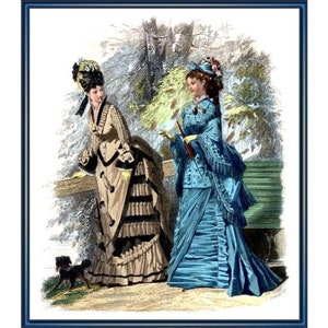 May include: Two women in 19th-century fashion stand in a park setting. One woman wears a brown and black dress with a black hat. The other woman wears a blue dress with a blue hat. A small black dog is in the foreground.