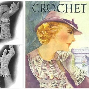Może przedstawiać: Okładka vintage'owego magazynu przedstawiająca kobietę w  czapce i rękawiczkach na szydełku. Okładka magazynu nosi tytuł "CROCHET" i zawiera zdjęcie w tle wieży Eiffla.