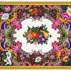 May include: A colorful embroidered tapestry with a floral and fruit design. The tapestry features a central motif of a fruit basket with apples, pears, plums, and grapes surrounded by a border of flowers and leaves. The tapestry is framed in a gold frame.