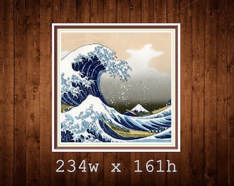 May include: A woodblock print of a large blue wave crashing over a boat with Mount Fuji in the background. The wave is depicted in shades of blue, white, and green, with a light brown background. The print is framed in a brown frame.