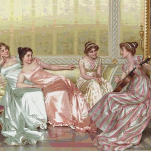 May include: Four women in a room with a light green, pink, and white striped couch. One woman is playing a stringed instrument. The women are wearing long, flowing dresses in shades of pink, white, and green.