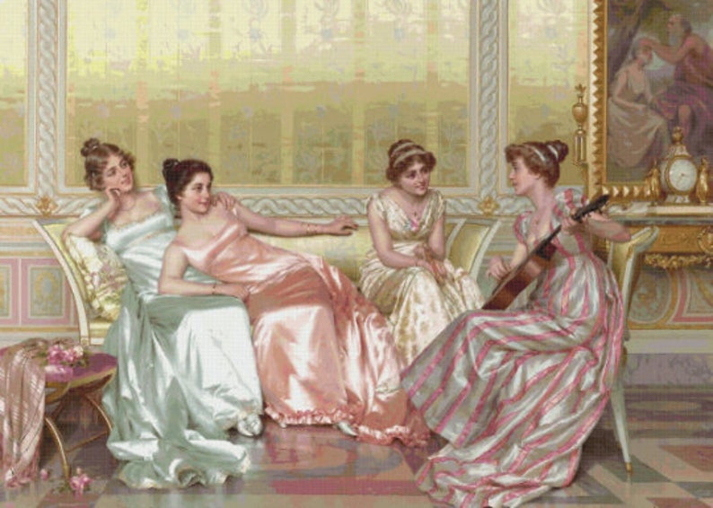 May include: Four women in a room with a light green, pink, and white striped couch. One woman is playing a stringed instrument. The women are wearing long, flowing dresses in shades of pink, white, and green.