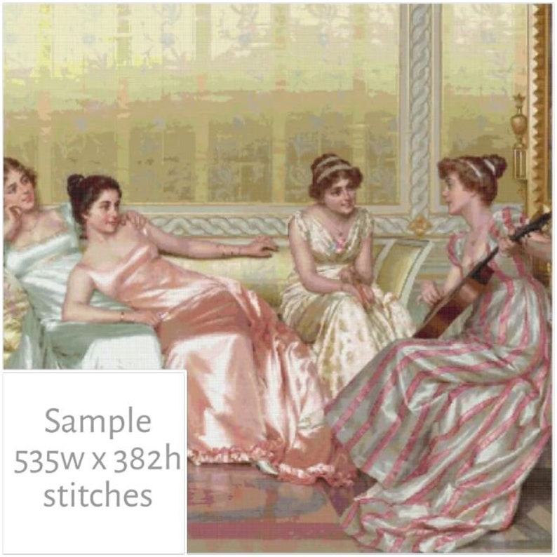 May include: Three women in a room with ornate furniture. One woman is playing a stringed instrument, while the other two are seated on a couch. The woman playing the instrument is wearing a striped dress with pink accents. The woman on the left is wearing a light blue dress, and the woman on the right is wearing a pink dress.