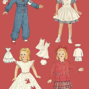 Könnte beinhalten: Vintage Papierpuppen mit Outfits. Die Puppen tragen einen blauen Overall, eine Krankenschwesteruniform, ein gepunktetes Kleid und eine rote Jacke mit einem karierten Rock. Zusätzliche Outfits sind als Ausschnitte dargestellt. Der Hintergrund ist rot.