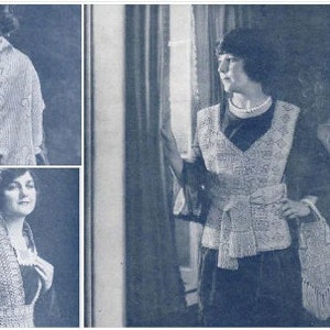 May include: Three women wearing crocheted garments. The first woman is wearing a white crocheted shawl over a dress. The second woman is wearing a white crocheted shawl over a dress. The third woman is wearing a white crocheted vest with a belt and a crocheted bag.