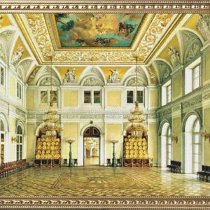 May include: A painting depicting a grand, ornate room with high ceilings, intricate mouldings, and large windows. The room is decorated with gold accents and chandeliers. There are chairs and tables arranged throughout the room.