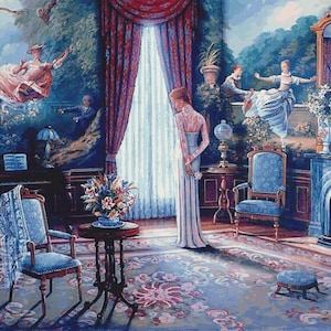 May include: A woman in a white dress stands in a room with a blue and white patterned rug. The room has a fireplace, a window with red curtains, and a painting on the wall depicting a woman swinging on a swing.