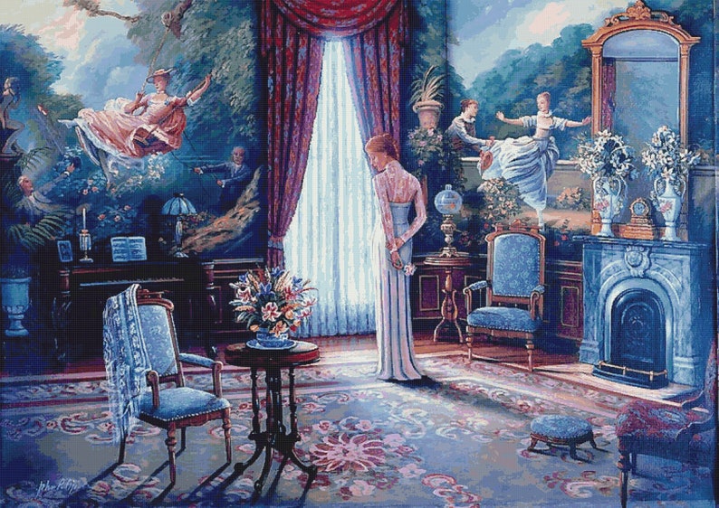May include: A woman in a white dress stands in a room with a blue and white patterned rug. The room has a fireplace, a window with red curtains, and a painting on the wall depicting a woman swinging on a swing.