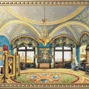 May include: A painting depicting a grand, ornate room with a high, vaulted ceiling, blue walls, and large windows. The room is furnished with antique furniture, including a large, ornate chandelier hanging from the ceiling. The painting is framed in a gold frame.