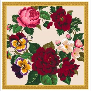 Może przedstawiać: Wianek kwiatowy w ramie z czerwonymi, różowymi, białymi i żółtymi kwiatami. Wianek jest otoczony złotą ramą.