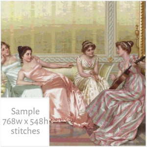 May include: Three women in a room, two are sitting on a couch and one is standing playing a guitar. The woman on the left is wearing a light blue dress, the woman in the middle is wearing a pink dress, and the woman on the right is wearing a striped dress.