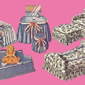 May include: Illustration of vintage doll furniture set on a pink background. The set includes a crib, vanity with stool, sofa, armchair with ottoman, and a bed. The furniture is decorated with bows and floral patterns.