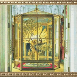 May include: A gold-framed painting depicting a glass case with a large, leafy, golden tree inside. The tree is surrounded by a patterned rug and the case is set against a white wall.