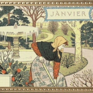 PDF Counted Vintage Cross Stitch Pattern | Garden Calendar for January | Female Gardener | 1800s | 5 Sizes | Highly Detailed Stitch
