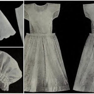 May include: A set of three white cotton garments, including a cap, a skirt, and a dress. The skirt has a scalloped edge and the dress has a simple design with short sleeves.