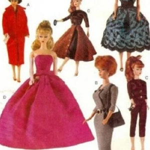 May include: A vintage sewing pattern for making doll clothes. The pattern includes instructions for making a red coat, a brown dress with a white blouse, a pink dress, a grey dress, and a black dress. The pattern also includes instructions for making a hat, a purse, and shoes.