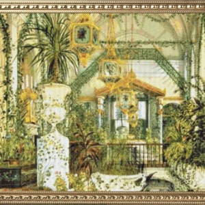 May include: A painting depicting a verdant indoor garden featuring a white marble fountain and elaborate gold chandeliers suspended from the ceiling. The garden is teeming with a variety of plants and flowers, including ferns, palms, and climbing vines. The walls are painted a pale green, and the floor is tiled in a white and black pattern.