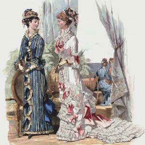 May include: Two women in fashionable dresses from the late 19th century. The woman on the left wears a blue and white striped dress with ruffles and a large hat. The woman on the right wears a white dress with pink and white ruffles and a floral hat.