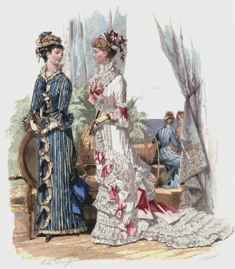 May include: Two women in fashionable dresses from the late 19th century. The woman on the left wears a blue and white striped dress with ruffles and a large hat. The woman on the right wears a white dress with pink and white ruffles and a floral hat.