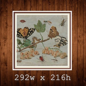 May include: A vintage still life painting featuring a variety of insects and butterflies, including a black and yellow moth, a brown butterfly, and a white and black butterfly. The insects are depicted on a branch with white berries and green leaves. The painting is framed in a brown frame.