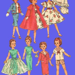 May include: Illustration of seven dolls in vintage outfits. The dolls are wearing dresses, suits, and a sailor-style ensemble. The outfits include a red coat, a floral dress, and a green dress with a full skirt. The background is a solid blue.