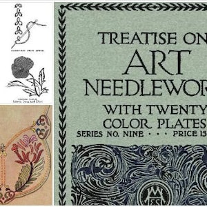 Pode incluir: Uma capa de livro vintage com fundo verde e uma borda decorativa. O título é "Tratado sobre a Arte do Bordado" com o subtítulo "Com Vinte Placas Coloridas". O livro faz parte de uma série, "Série No. Nove", e custa 15 centavos.