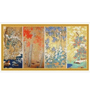 PDF Counted Vintage Cross Stitch Pattern | Birds and Flowers of the four seasons | Araki Jippo 1917 | 5 Sizes | Highly Detailed Cross Stitch