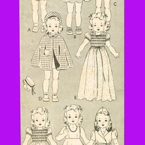 May include: Vintage sewing pattern featuring illustrations of seven different doll outfits. The outfits include dresses, a cape, and a coat, all in a classic, retro style. The pattern is printed on a light-colored background with a purple border.