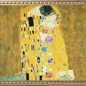 May include: A framed painting of two figures in a passionate embrace. The figures are depicted in a mosaic-like style with gold, yellow, and white tones. The background is a muted gold color.