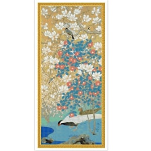 May include: A traditional Japanese painting featuring a white magnolia tree with pink blossoms and blue leaves. Two birds are perched on branches, and a white bird with a black head is standing on a rock by a blue pond.