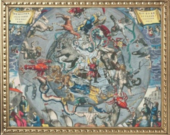 PDF Counted Vintage Kreuzstichmuster | Landkarte Konstellationen der nördlichen Halbkugel der Erde | Andreas Cellarius 1661 | 4 Größen