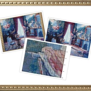 May include: A framed painting of a woman in a white dress standing in a room with a window and a fireplace. The woman is looking out the window. The painting is surrounded by a gold frame.
