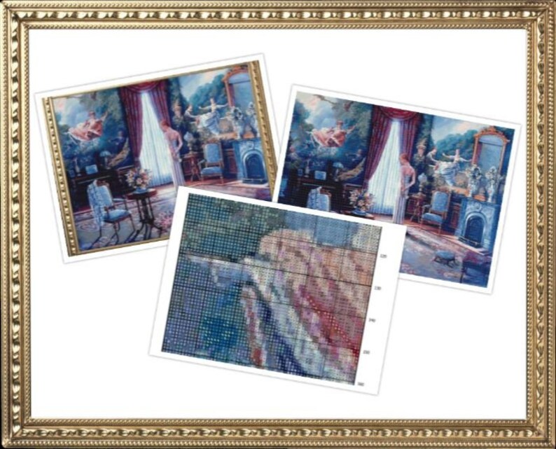 May include: A framed painting of a woman in a white dress standing in a room with a window and a fireplace. The woman is looking out the window. The painting is surrounded by a gold frame.