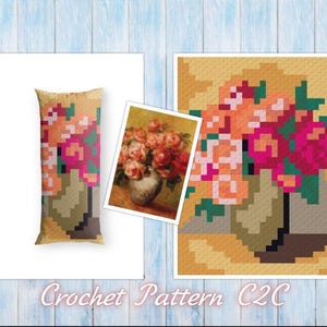Op de afbeelding: Afbeelding van een haakpatroon met een bloementhema. Het ontwerp toont een lang kussen met een gepixeleerd bloemstuk in roze, oranje en groen. Een kleinere afbeelding toont een vaas met rozen. De tekst "Crochet Pattern C2C" staat onderaan.