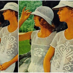 May include: Two women wearing white crochet tops with floral designs and white crochet hats. The tops have short sleeves and a scoop neck.