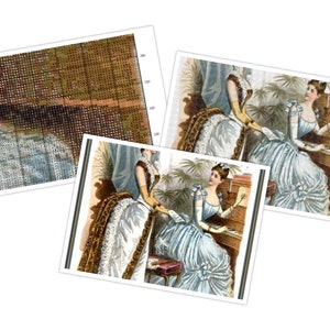 May include: Two women in long, flowing dresses are playing a piano. The woman on the left is wearing a white dress with a brown fur trim. The woman on the right is wearing a light blue dress with a white trim. Both women are wearing white gloves and have their hair pulled back.