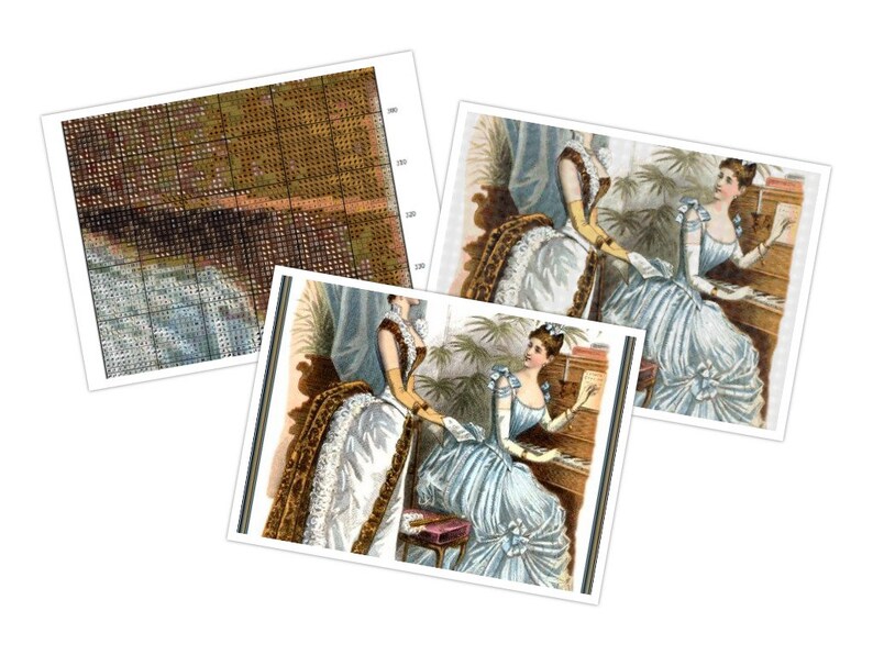 May include: Two women in long, flowing dresses are playing a piano. The woman on the left is wearing a white dress with a brown fur trim. The woman on the right is wearing a light blue dress with a white trim. Both women are wearing white gloves and have their hair pulled back.