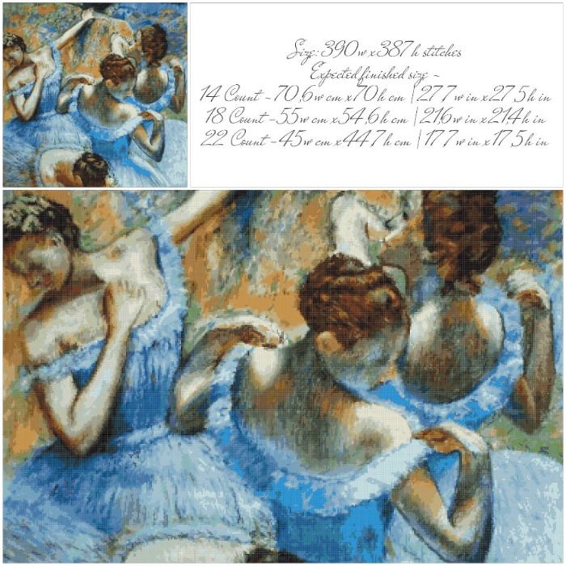 PDF Counted Vintage Cross Stitch Pattern | Blue Dancers | Edgar Degas 1897 | 4 Sizes | Highly Detailed Stitch image 3