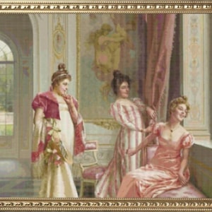 May include: A painting of three women in a grand room. The woman on the left is wearing a red and white dress with a shawl. The woman in the center is wearing a striped dress. The woman on the right is wearing a pink dress and is sitting on a chair.