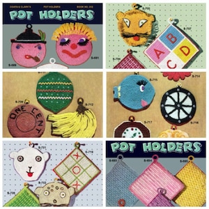 May include: A collection of 12 colorful crocheted pot holders with various designs, including a clown face, a fish, a wheel, a tic-tac-toe board, a bear face, and a banana. The pot holders are displayed on a green background with the text "POT HOLDERS" in a blue and white banner.