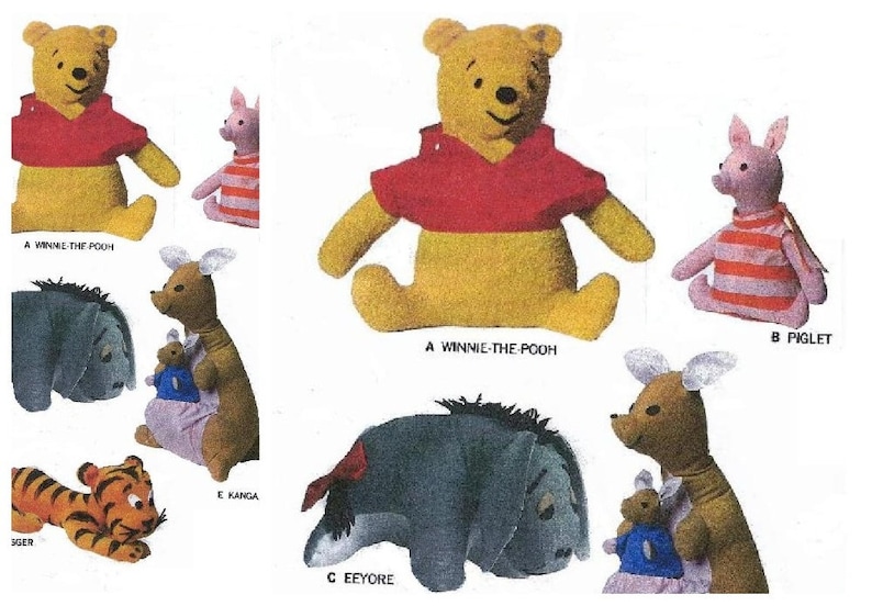 May include: A selection of Winnie the Pooh soft toys. The image shows Winnie-the-Pooh in a red top, Piglet in a striped top, Eeyore, Kanga with Roo, and Tigger. The toys are made from fabric and are in different poses.