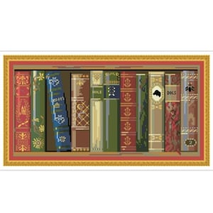 May include: A framed image of a bookshelf with a variety of books. The books have different colours, patterns, and titles. The titles include "HOLE", "DOCS", and "ORIGINS".