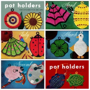 Puede incluir: Una colección de 10 agarraderas de olla de ganchillo, cada una representando un mes diferente del año. Las agarraderas de olla son de varios colores y formas, incluyendo un girasol, una mariquita, un ganso, una tortuga y una paleta de pintura.
