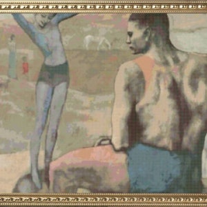 May include: A painting of two figures, one standing and one sitting. The standing figure is wearing a blue and white outfit and is holding their arms up. The sitting figure is wearing a red and blue outfit and is looking to the left. The background is a light brown color.