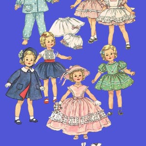 May include: Illustration of vintage paper dolls in various outfits. The dolls are depicted in dresses, pajamas, and coats, with accessories like hats and bloomers. The color palette includes blue, pink, green, and white on a blue background.