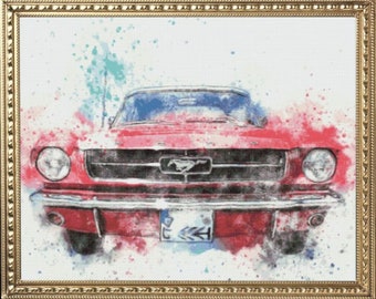 PDF Counted Vintage Cross Stitch Pattern | Retro Mustang Car | 6 Sizes | Highly Detailed Cross Stitch Pattern